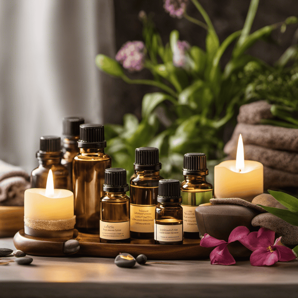 An image showcasing a serene spa scene, with a shelf lined with essential oil bottles, diffusers emitting fragrant mist, and a tranquil atmosphere, inviting readers to explore the world of famous believers in aromatherapy