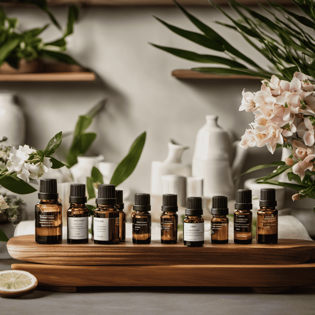 An image showcasing a serene setting with an experienced aromatherapist demonstrating techniques, surrounded by shelves of essential oils, diffusers, and botanical ingredients, evoking a sense of expertise and tranquility
