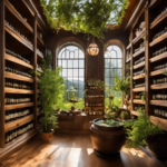 An image of a serene, sunlit room with a veterinarian gently infusing essential oils into a diffuser, surrounded by shelves adorned with ancient herbal remedies and botanical illustrations, evoking the origins of veterinary aromatherapy