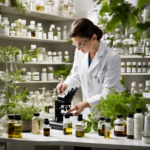 An image showcasing a serene laboratory setting, with scientists in white lab coats meticulously measuring and blending essential oils, surrounded by shelves of botanical specimens and state-of-the-art equipment