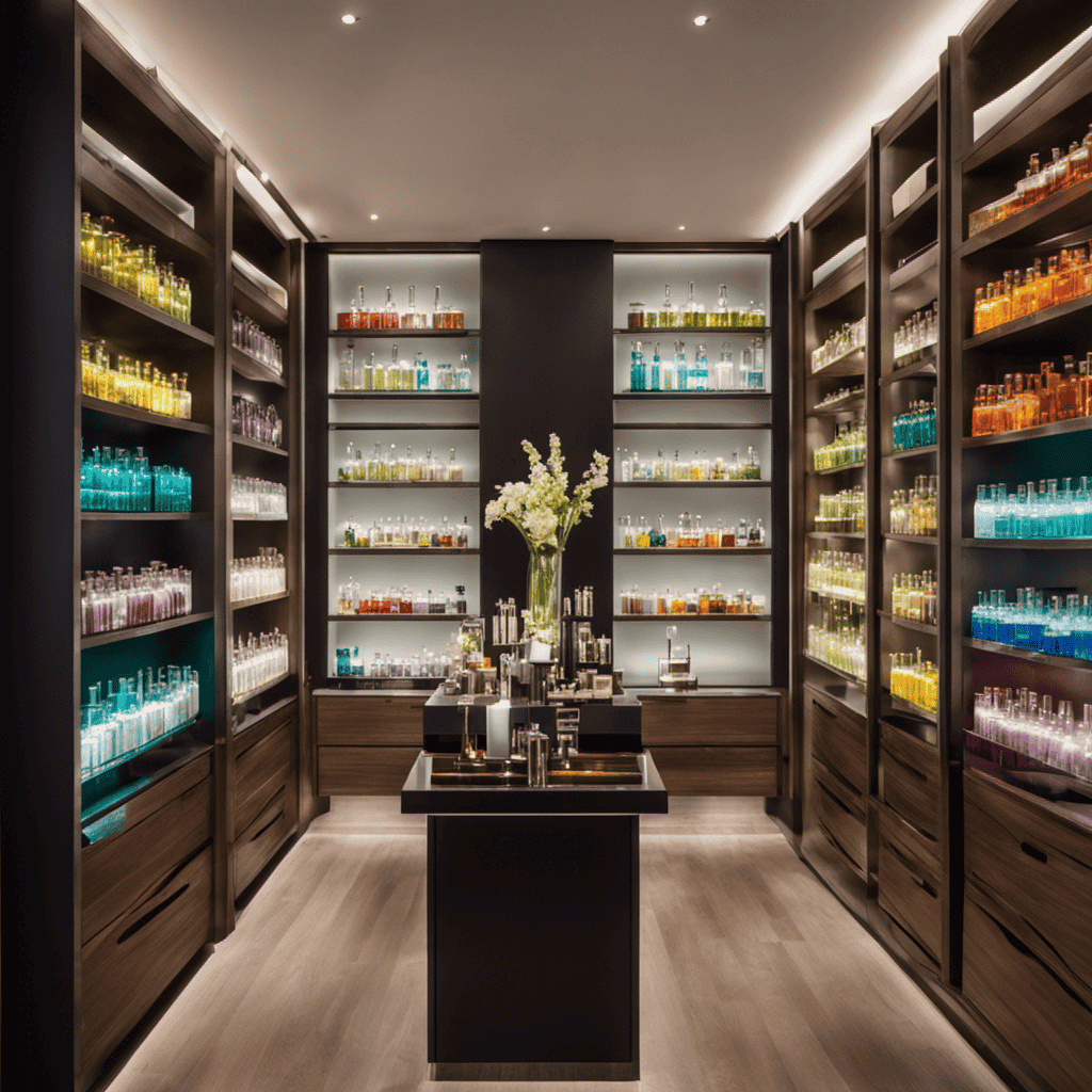 An image showcasing a serene setting with a contemporary woman expertly blending aromatic essences in a sleek lab, surrounded by shelves stacked with colorful bottles, symbolizing the modern-day founder of aromatherapy