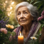An image of an elderly person with a peaceful expression, surrounded by various aromatic plants and essential oils