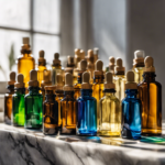 An image that showcases a collection of empty essential oil bottles, scattered on a cracked marble countertop