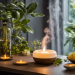 An image showcasing a serene setting with soft lighting, as a person inhales aromatic molecules, allowing them to experience the therapeutic benefits of aromatherapy