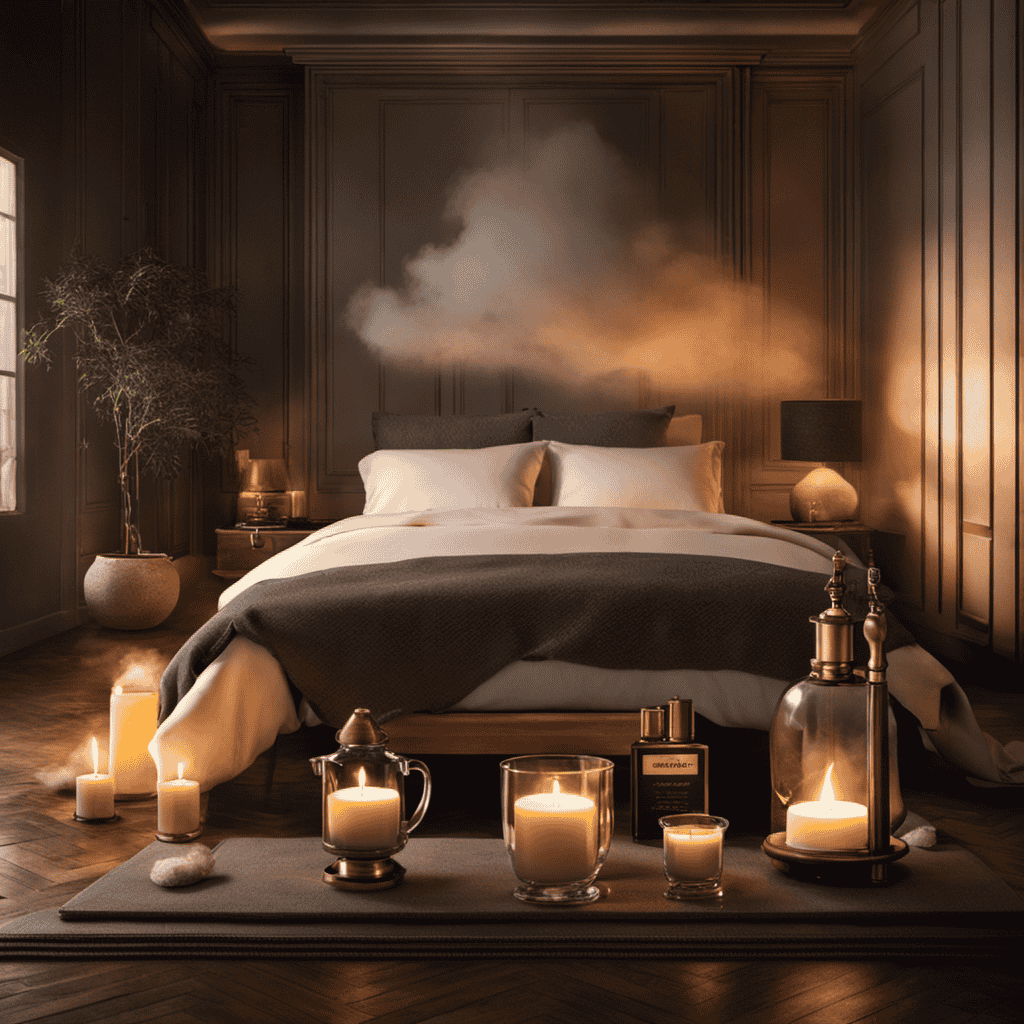 An image featuring a serene bedroom scene with a burning candle diffuser releasing a cloud of toxic fumes, while a person sleeps unaware, highlighting the hidden dangers of aromatherapy