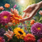 An image showcasing a hand reaching out towards a vibrant bouquet of flowers, but with a transparent barrier between them