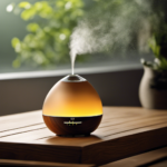 An image showcasing an aromatic diffuser placed on a wooden table, surrounded by tiny water droplets glistening on the table's surface