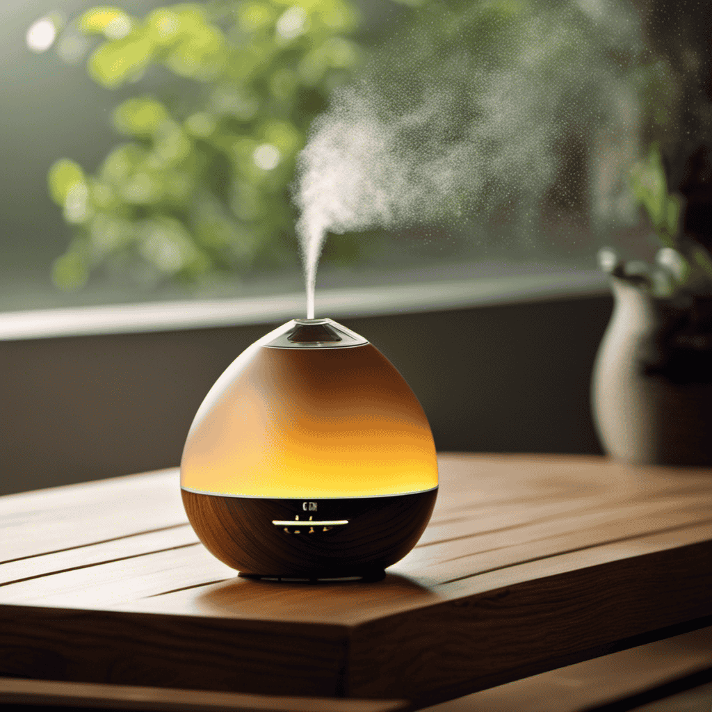 An image showcasing an aromatic diffuser placed on a wooden table, surrounded by tiny water droplets glistening on the table's surface