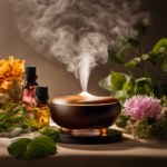 An image capturing a blissful scene of a person inhaling aromatic essences from a diffuser, surrounded by vibrant botanicals