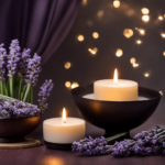 An image capturing a serene, dimly lit room adorned with flickering candles, where a person blissfully inhales the delicate scent of lavender essential oil diffusing from a crystal-clear glass diffuser