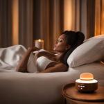 An image showcasing a serene bedroom scene with a person peacefully reclining, surrounded by the soft glow of Guranand Aromatherapy diffuser