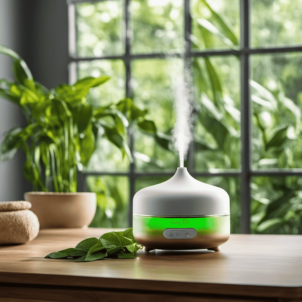 An image capturing a serene spa-like setting: a diffuser emitting fragrant mist, surrounded by shelves of pure essential oils, while soft natural light filters through leafy green plants in the background
