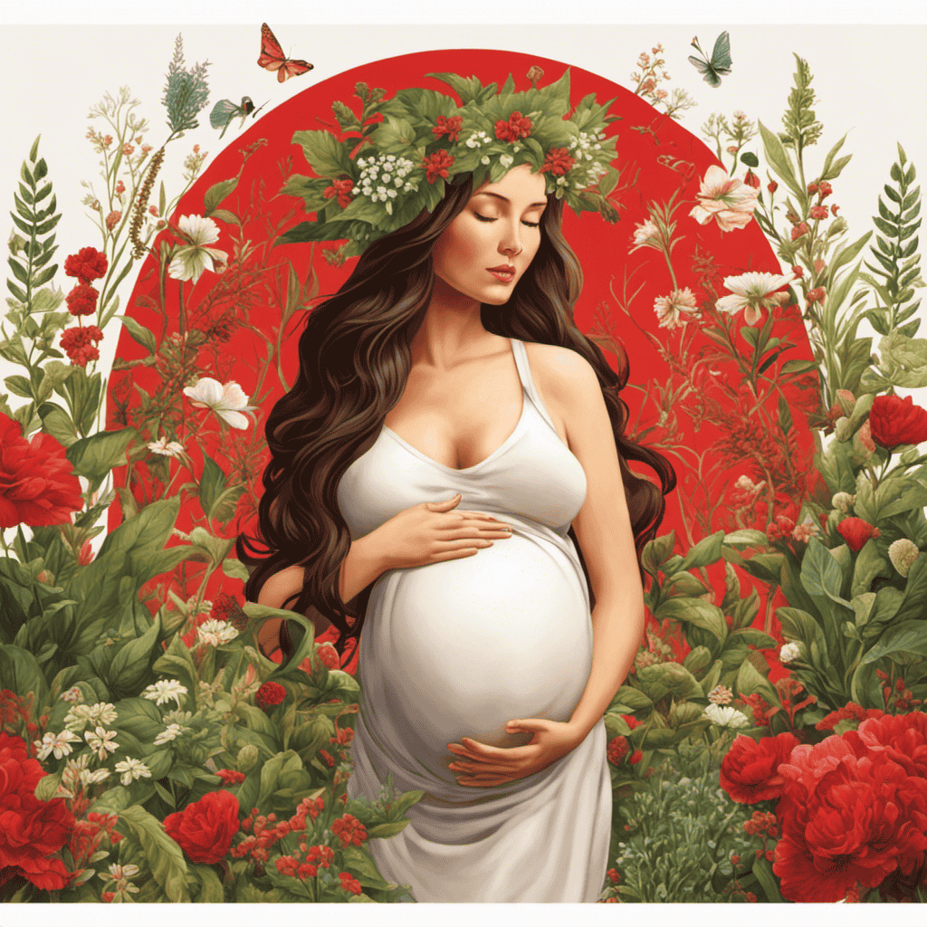 An image depicting a serene pregnant woman surrounded by various aromatic plants and essential oils