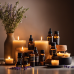 An image showcasing a dimly lit room cluttered with various essential oils, diffusers, and scented candles