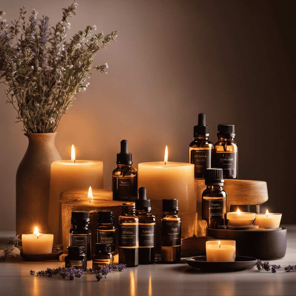 An image showcasing a dimly lit room cluttered with various essential oils, diffusers, and scented candles