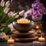 An image depicting a serene spa setting with soft lighting, a bowl of colorful, fragrant flowers, and a curl of steam gently rising from a cup of essential oil, evoking the allure and tranquility of aromatherapy