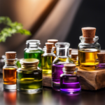 An image featuring a close-up of a glass jar filled with colorful essential oils, contrasting with a blurred background of a magnifying glass inspecting an FDA logo