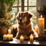 An image showcasing a serene, sunlit room with a fluffy dog peacefully resting, surrounded by a variety of aromatic candles and essential oils