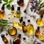 An image showcasing an assortment of essential oils, diffusers, and scented candles, surrounded by scientific equipment like beakers, microscopes, and research papers, highlighting the lack of empirical evidence behind aromatherapy