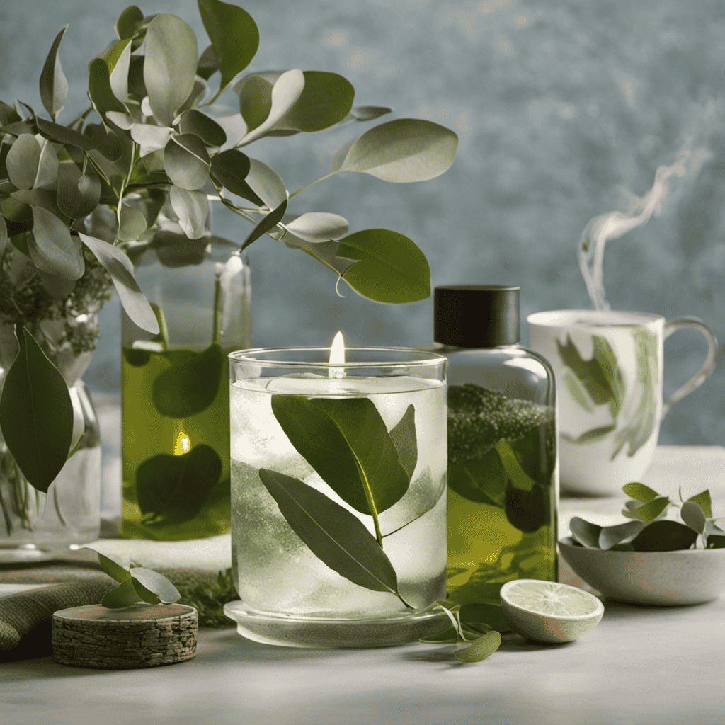 An image showcasing a serene, spa-like setting with a tranquil pool of eucalyptus-infused water