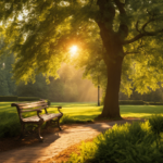 An image showcasing a serene, sunlit park bench where a person sits, eyes closed, inhaling from an aromatherapy inhaler