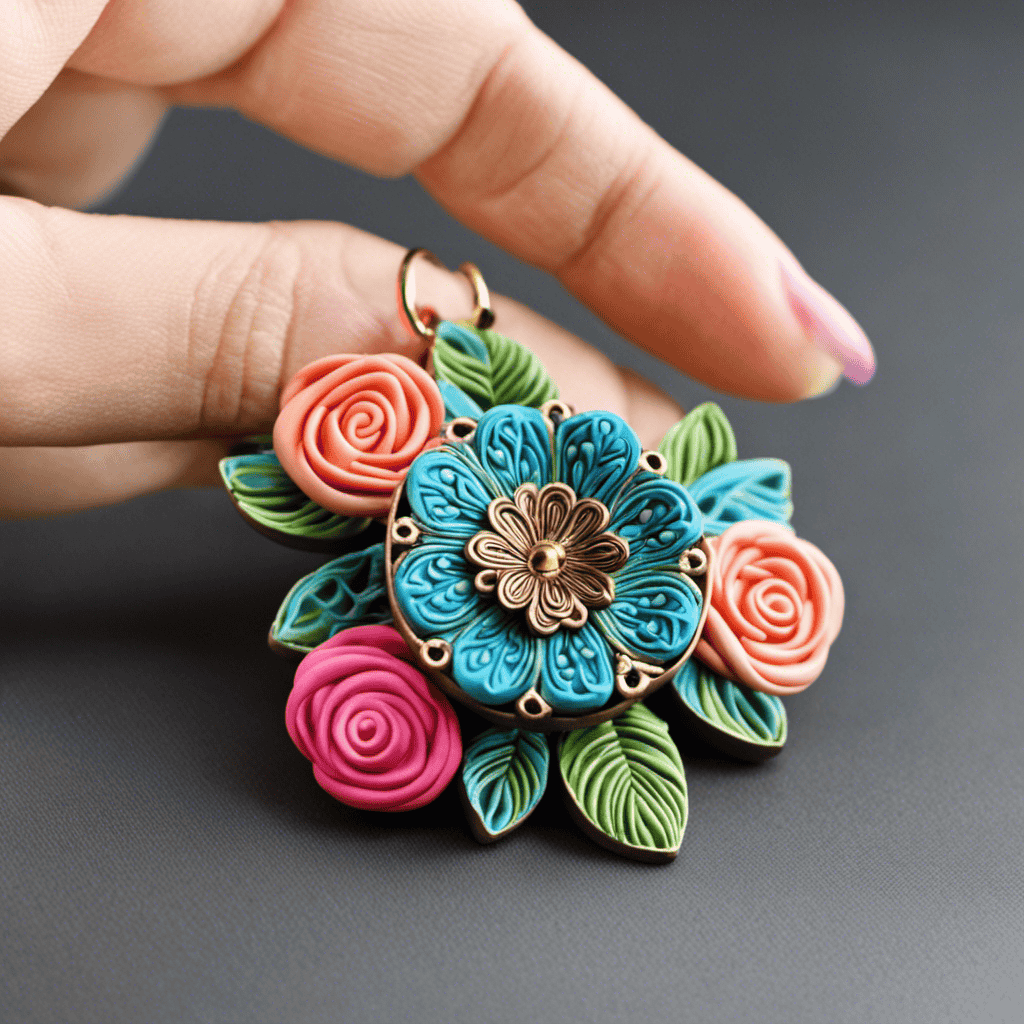 An image showcasing a vibrant, handcrafted polymer clay charm in the shape of a delicate flower