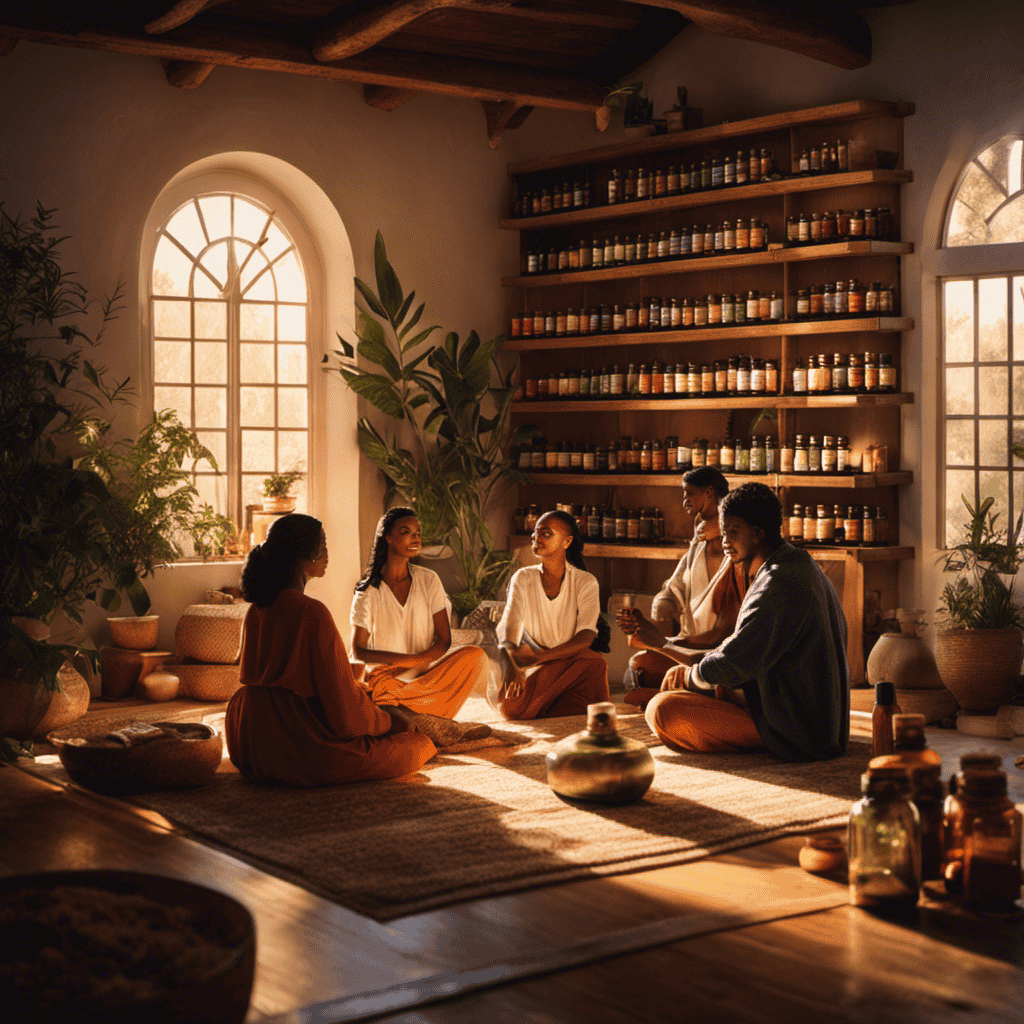 An image featuring a diverse group of individuals sitting in a cozy circle, surrounded by shelves filled with colorful bottles of essential oils