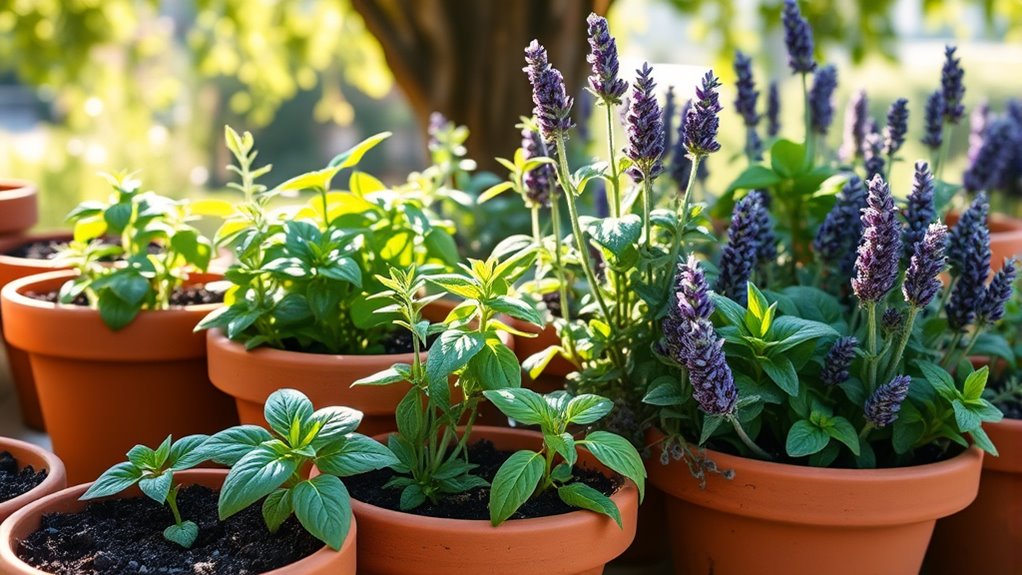 herbs thriving in containers