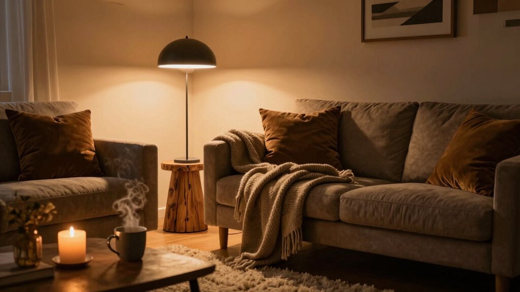 cozy lighting and textiles