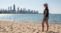 What you see in the Sun, is the Chicago skyline from the Indiana Dunes beach, across Lake Michigan. You can see it from 50 miles of distance due to a form of superior mirage, because the skyline is seen above where it's actually located.
