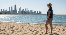 What you see in the Sun, is the Chicago skyline from the Indiana Dunes beach, across Lake Michigan. You can see it from 50 miles of distance due to a form of superior mirage, because the skyline is seen above where it's actually located.